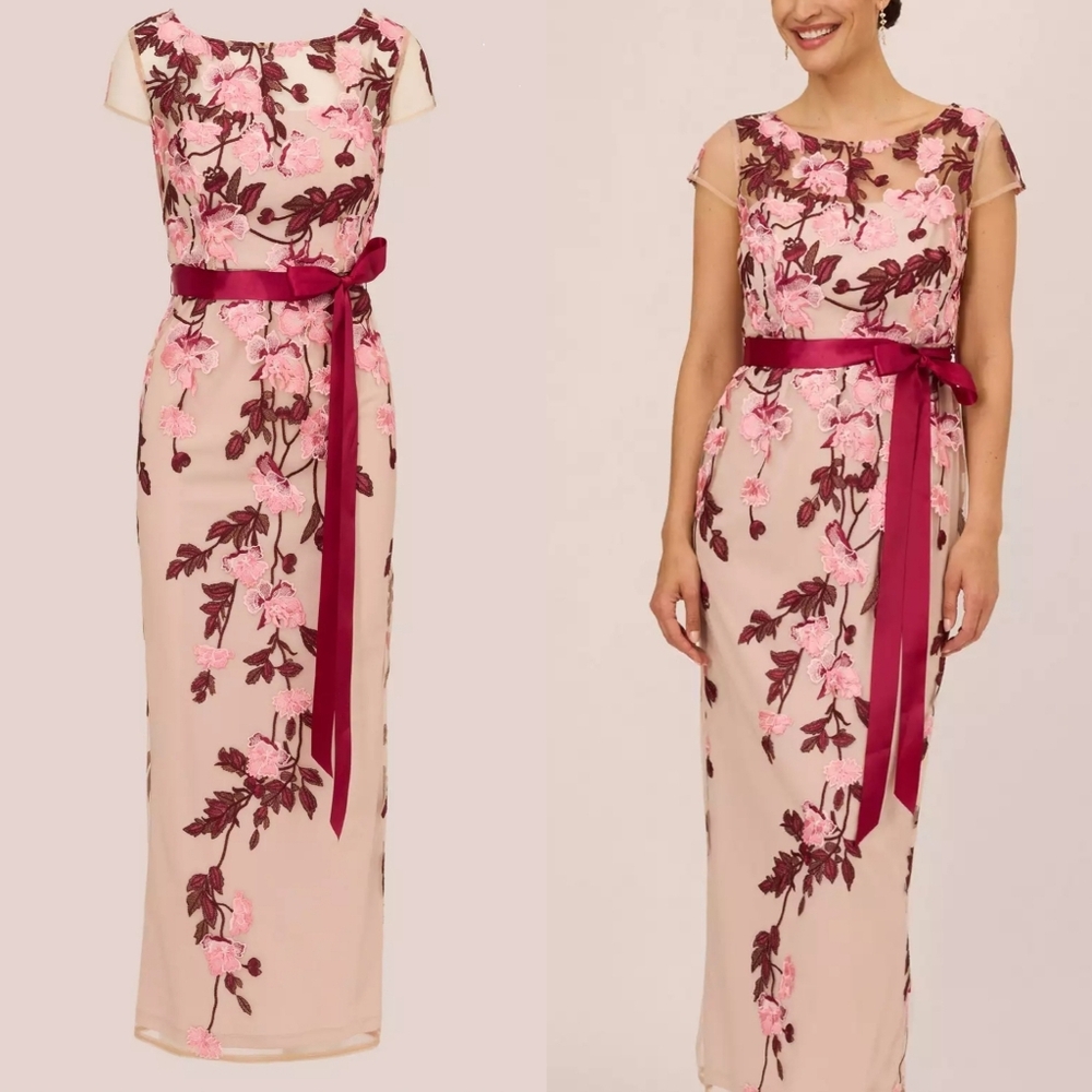 Adrianna Papell Cream and Burgundy Floral Midi Dress